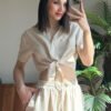 Natural Linen Textured Crop Shirt with Tie Front
