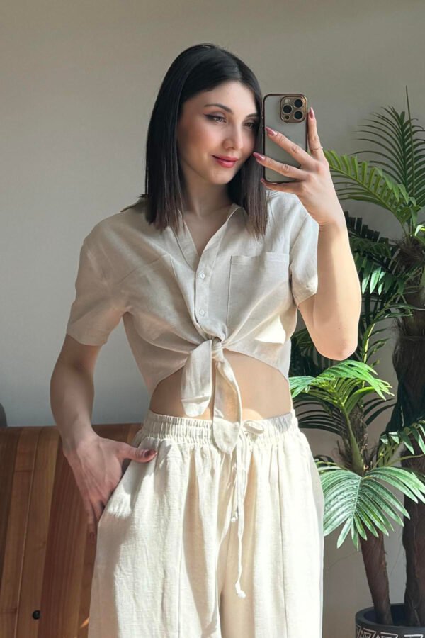 Natural Linen Textured Crop Shirt with Tie Front