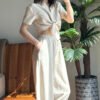 Natural Linen Textured Crop Shirt with Tie Front